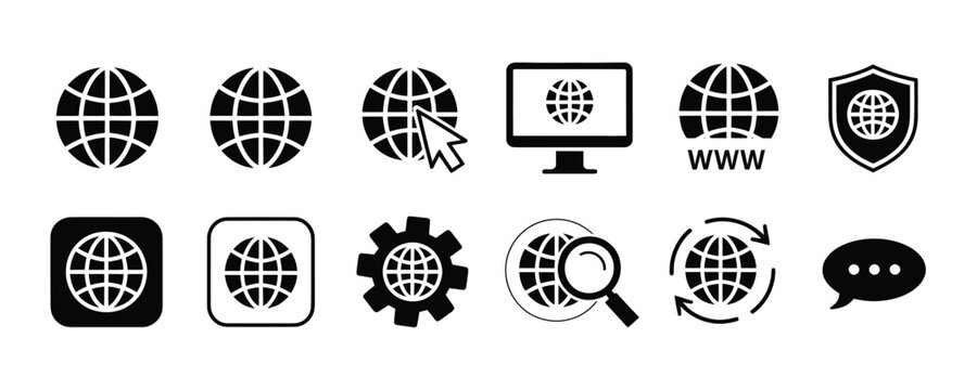 Black and white icons of global internet and website symbols