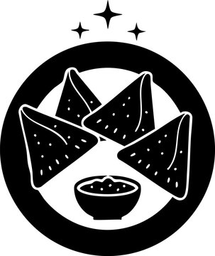 Nachos tortilla chips with salsa dip bowl appetizer snack illustration in black outline.