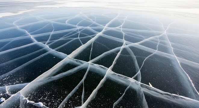Epic aerial perspective of frozen blue lake surface showing intricate white ice fractures and crystalline patterns in arctic winter landscape