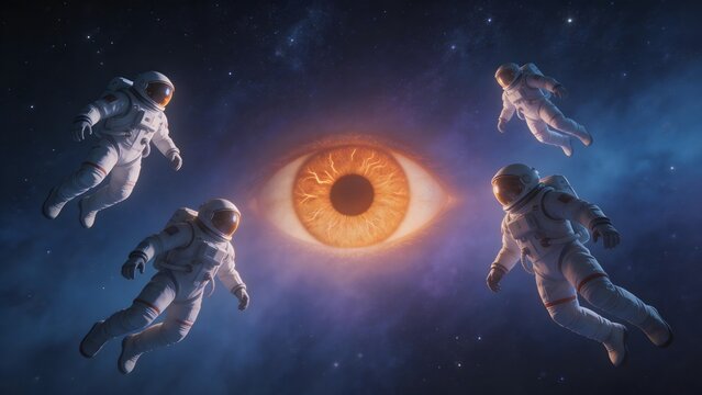 Astronauts floating in space near a giant eye