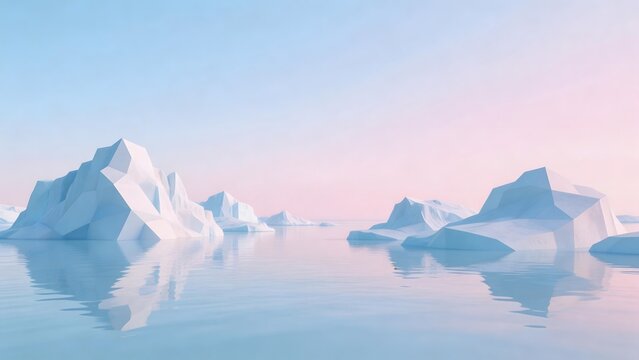 Icebergs in calm water under pastel sky