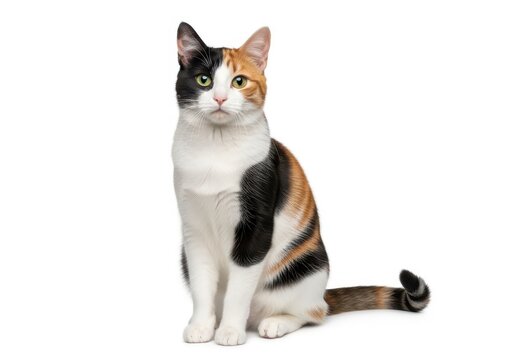 Calico cat with striking tri-color fur and green eyes isolated on white background