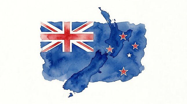 New Zealand, country flag map, watercolor style, national symbol