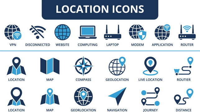 Location Icons Set for GPS Navigation Map Geolocation Journey Distance Compass VPN Website Computing Laptop Modem Application and Internet Router Symbols