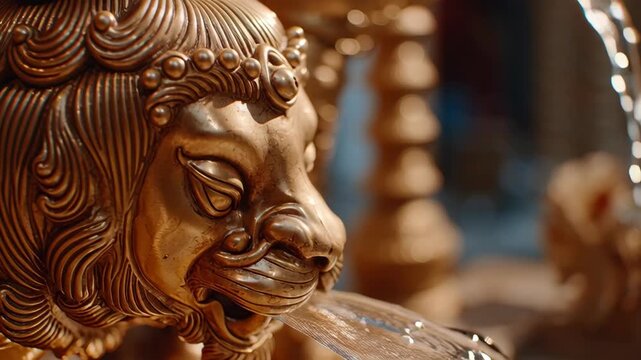 Golden Lion Fountain Statue Flowing with Holy Water in Hindu Temple