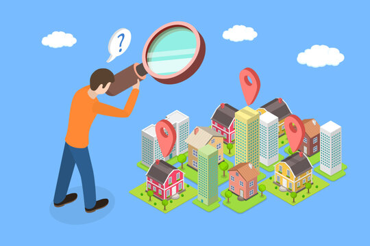 3D Isometric Flat Vector Illustration of Real Estate Search, Man Using Magnifying Glass To Select Building For Business Purposes.