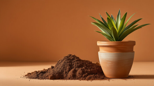 Terracotta pot with yucca plant and soil pile
