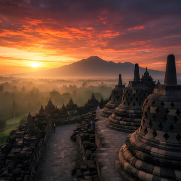 Sunrise over the ancient Borobudur temple with volcanic mountain backdrop