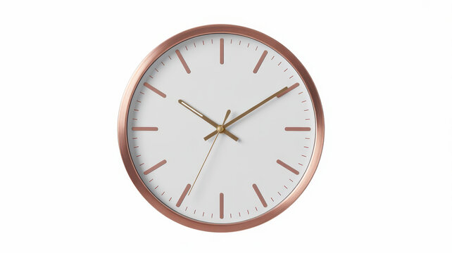 Simple round wall clock with rose gold metal frame and white face on a white background