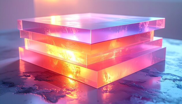 Glowing stacked glass blocks with colorful light.
