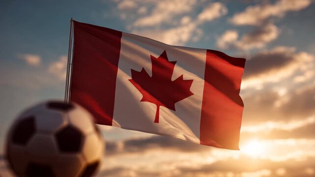 soccer ball with canadian flag at sunset &ndash; concept for world cup and mls