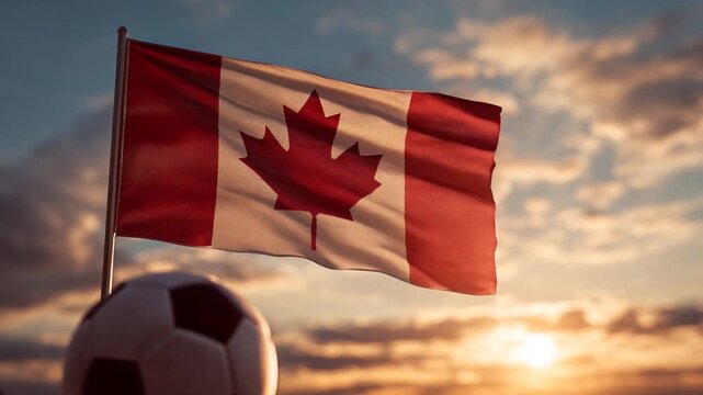 soccer ball with canadian flag at sunset &ndash; concept for world cup and mls