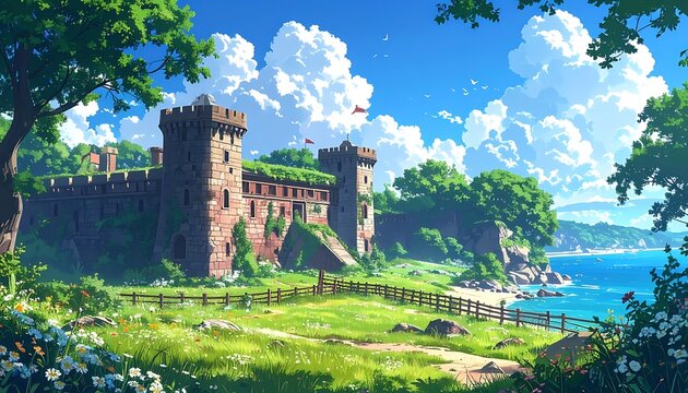 Lush castle by sea