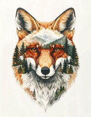 Fototapeta premium Captivating watercolor illustration of a fox head merging with a vibrant forest and snowy mountain scene. AI Generative