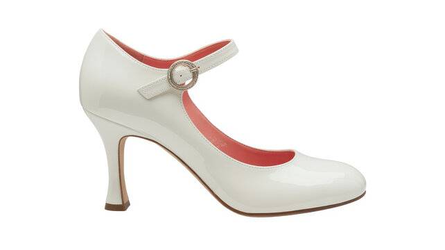 Single white patent leather mary jane shoe with a low heel isolated on a plain white background