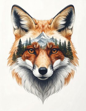 A detailed watercolor portrait of a fox head artfully blended with a mountain forest landscape scene AI Generative