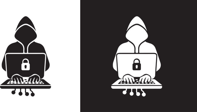 Computer hacker with laptop icon, Spy agent searching sign, symbol, logo, illustration, editable stroke, flat design style 