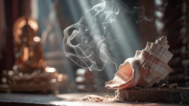 Incense smoke rising from a conch shell in a Hindu temple shrine
