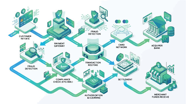 Isometric Payment Processing Workflow System Illustration Digital Financial Transaction Security Network Concept