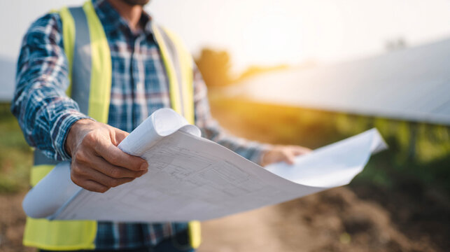Renewable energy project coordinator holding blueprints outdoors, solar farm blurred behind, concept of green project management