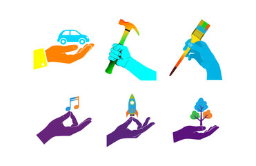Fototapeta premium Vibrant vector set Hands holding car, tools, art supplies, music note, rocket, and tree for diverse concepts