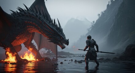 Fototapeta premium Brave Warrior Faces Fire Breathing Dragon in Misty Mountains Fantasy Battle