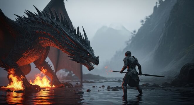 Brave Warrior Faces Fire Breathing Dragon in Misty Mountains Fantasy Battle