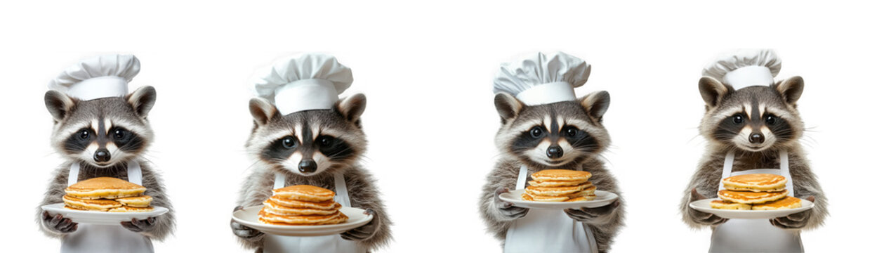 Raccoon chef characters holding plates of pancakes as clean cutout isolated on transparent background