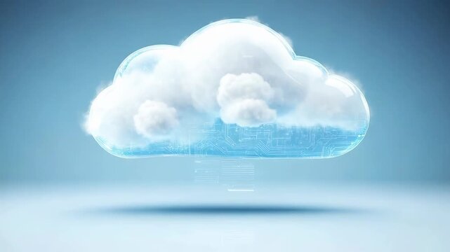 Digital cloud floating above soft blue background in studio setting representing cloud computing and data storage concept
