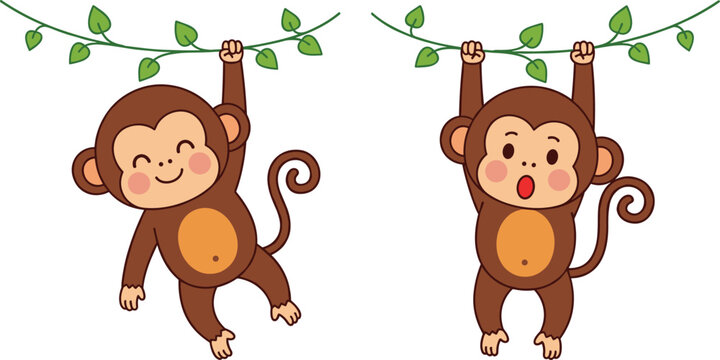 Cute Cartoon Monkey Pair Hanging from Green Jungle Vines with Happy and Surprised Expressions for Kids and Animal Themed Designs