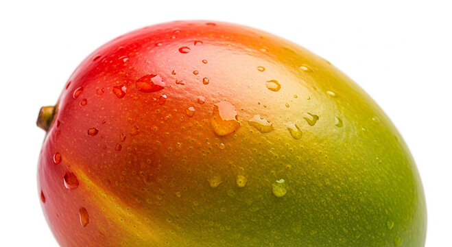 Close up of a ripe mango with water droplets on its colorful skin