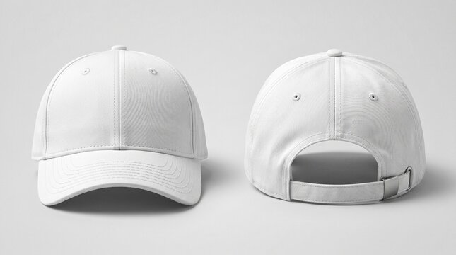 Set of white baseball cap mockup from front and back view isolated on light grey background. Blank adjustable snapback hat for branding and design presentation.