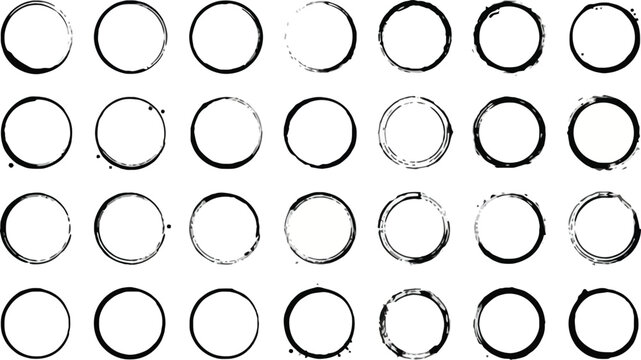 Grid of circular shapes with varying black and white fills and textured ink brush strokes