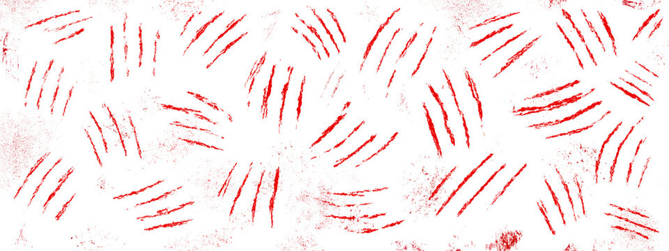 Collection of red scratch streaks and claw marks with rough grunge texture, isolated on transparent background