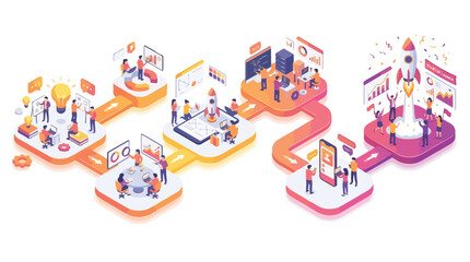 Naklejka premium Isometric Startup Workflow System Illustration Vector Design Business Process Development Launch Strategy