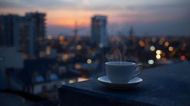 A steaming white cup of hot coffee resting on a ledge overlooking a blurred city at sunset time