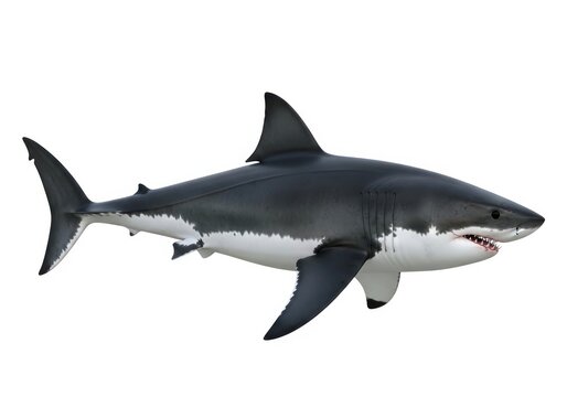 Great white shark in mid-swim with open maw isolated on white background