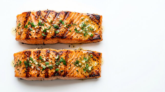 Top view of two grilled salmon fillets with garlic butter and herbs on a white background with copy space for text. High-end commercial food photography