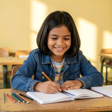 Smiling Schoolgirl Writing in a Classroom