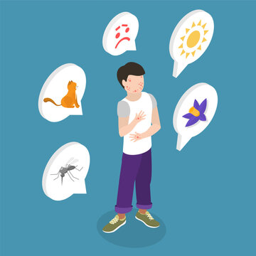 3D Isometric Flat Vector Illustration of Skin Allergies, Young Boy Experiencing Severe Allergic Skin Itch