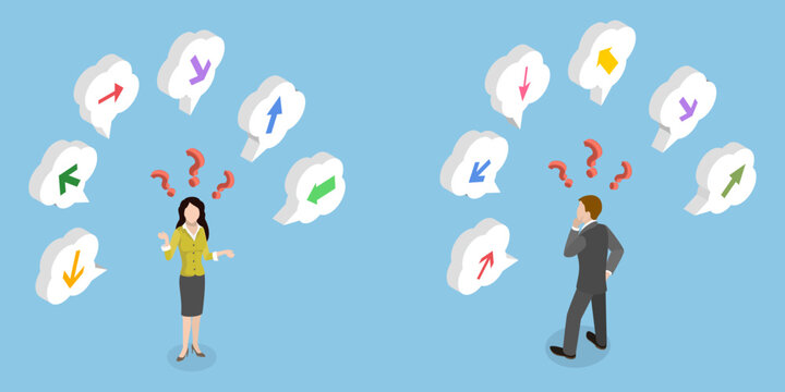 3D Isometric Flat Vector Illustration of Choosing The Right Path, Man Experiencing Confusion With Multiple Direction Arrows Unsure Of Decision Making