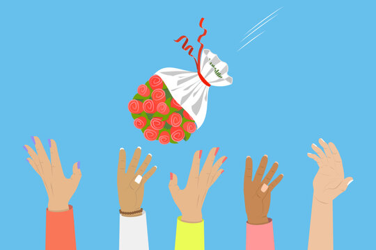 3D Isometric Flat Vector Illustration of Bridal Bouquet Toss, Bridesmaids Catch Bridal Bouquet In Wedding Ceremony Tradition.