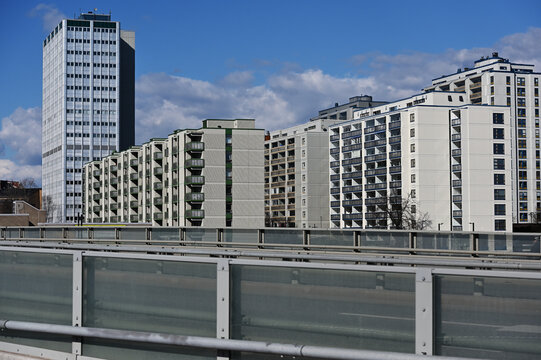 Urban view of residential buildings and a high-rise tower in Helsinki, Finland