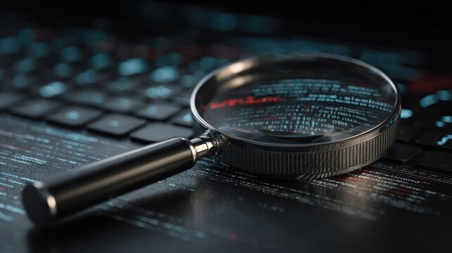Magnifying glass over computer keyboard displaying digital code