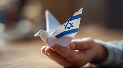 A child's hand holds a paper dove with the Israeli flag design. The background is softly blurred, emphasizing the origami bird.