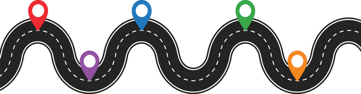 Winding Road With Colorful Location Pins Isolated On Transparent Background