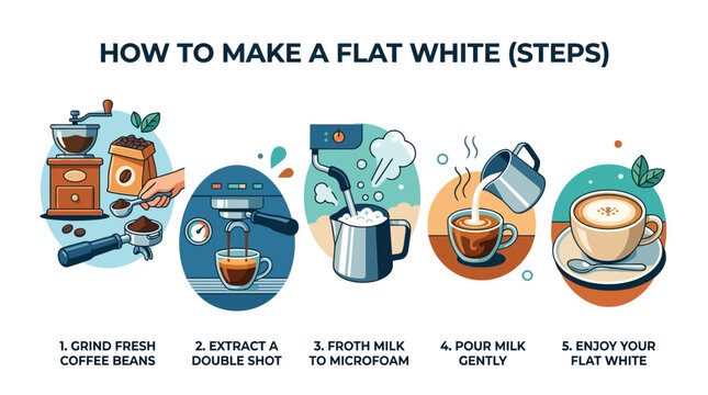 Illustrative guide showing the five essential steps required to brew a perfect flat white coffee drink at home successfully
