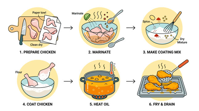 Step by step visual instructions for cooking crispy fried chicken showing preparation marinating coating heating oil and final frying stages