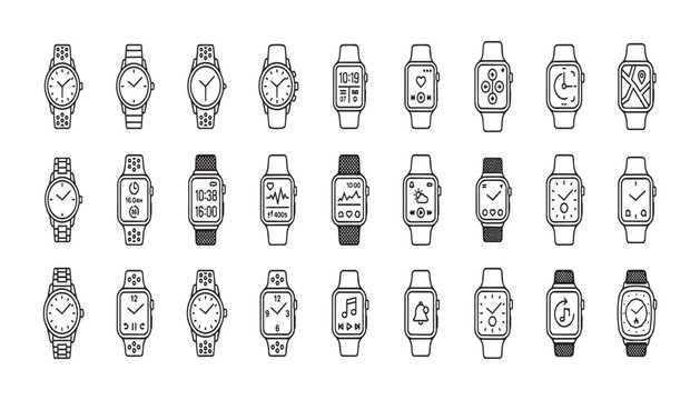 Hand-drawn sketch collection of various smartwatch and wristwatch designs in black and white style.