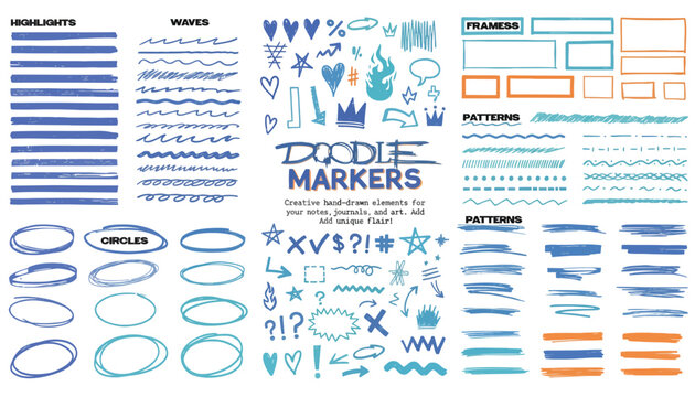 Set of hand-drawn doodle marker including highlights, waves, and frames in blue